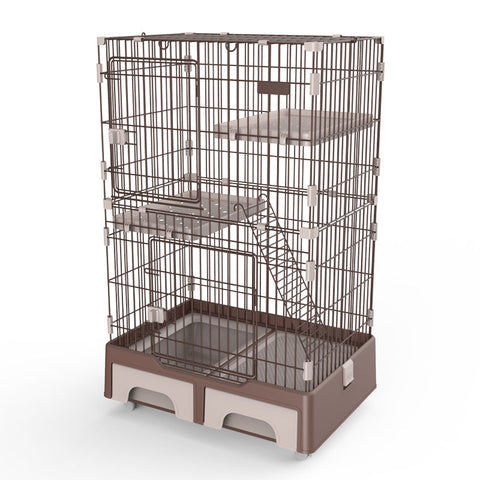 134 Cm Brown Pet Level Cat Cage House With Litter Tray And Storage Box