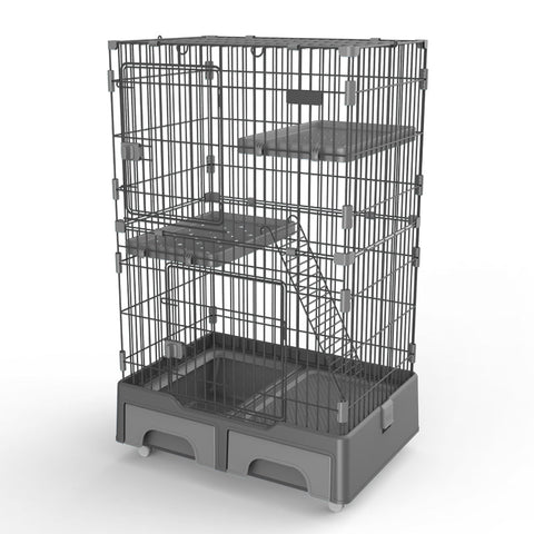 134 Cm Grey Pet Level Cat Cage House With Litter Tray And Storage Box