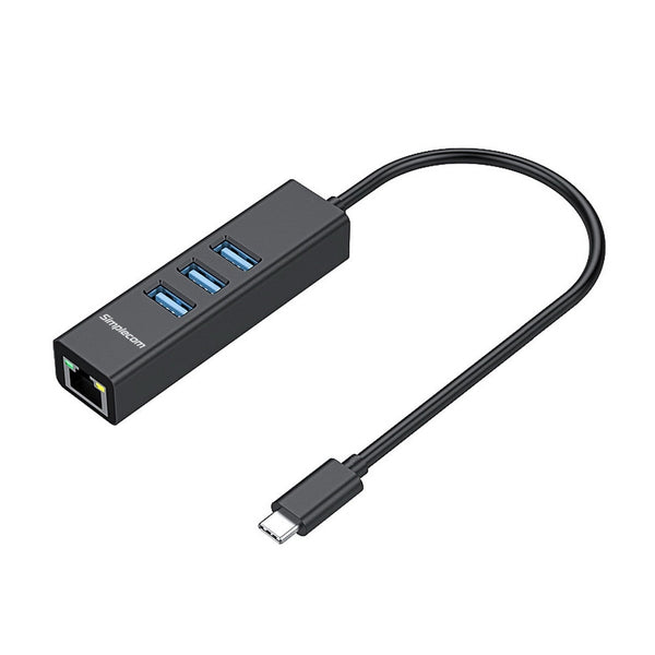 Simplecom Chn421 Aluminium Usb-C To 3 Port Hub With Gigabit Ethernet Adapter Black