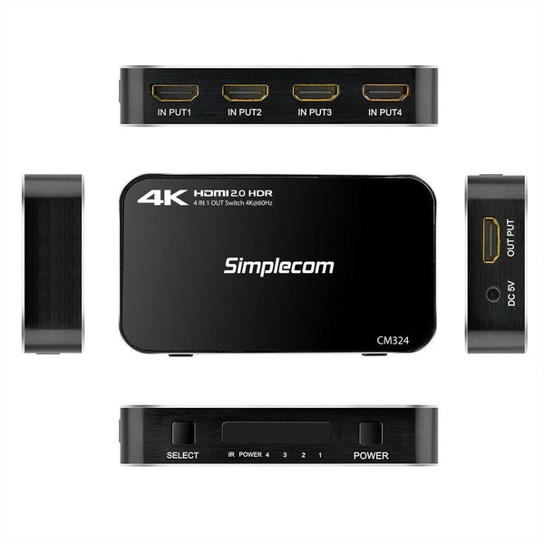 Simplecom Cm324 Way Hdmi 2.0 Switch With Remote In 1 Out Splitter Hdcp 2.2 4K @60Hz Uhd Hdr