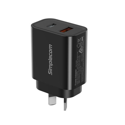Simplecom Cu220 Dual Port Pd 20W Fast Wall Charger Usb-C + Usb-A For Phone Tablet