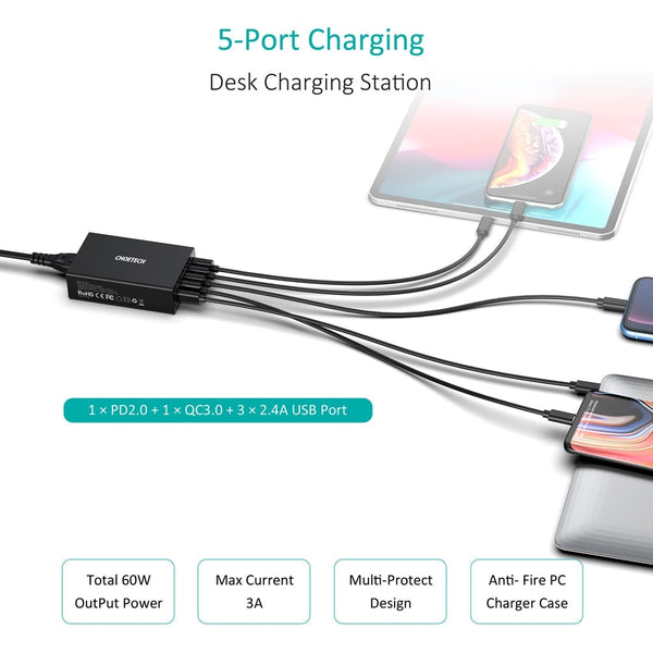 Choetech Q34u2q 5-Port 60W Pd Charger With 30W Power Delivery And 18W Quick 3.0