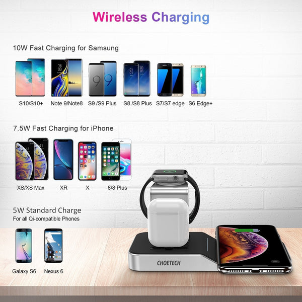 Choetech T316 4-In-1 Wireless Charging Station For Iphone/Apple Watch/Ipod And All Qi Cell Phones