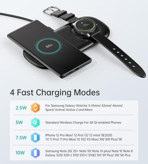 Choetech T570-S 2-In-1 Wireless Charger, 10W Max Charging Pad With Adapter For Galaxy Watch