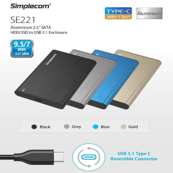 Simplecom Se221 Aluminium 2.5'' Sata Hdd/Ssd To Usb 3.1 Enclosure Black Drive Enclosures & Docks