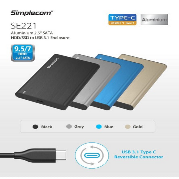 Simplecom Se221 Aluminium 2.5'' Sata Hdd/Ssd To Usb 3.1 Enclosure Blue Drive Enclosures & Docks