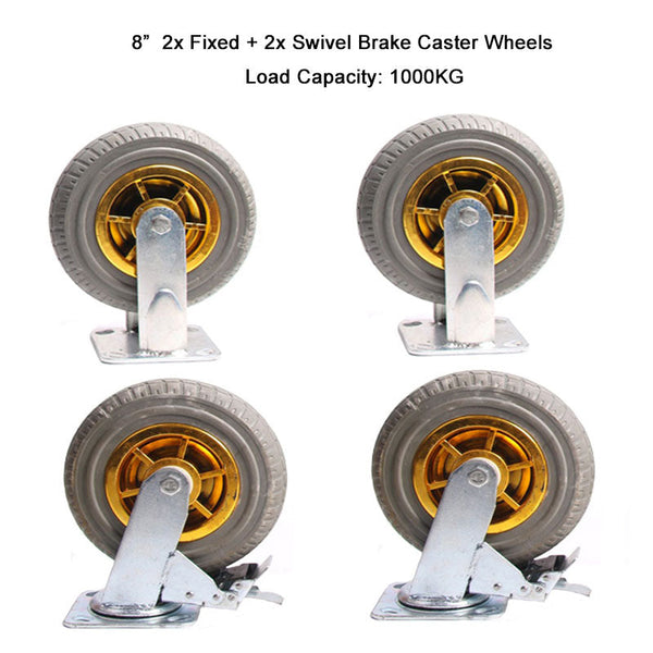 4X 8" Heavy Duty 2X Swivel Brake + Fixed Caster Tyre Tyres Wheel Wheels Castor 1000Kg Trolley Other Building Materials