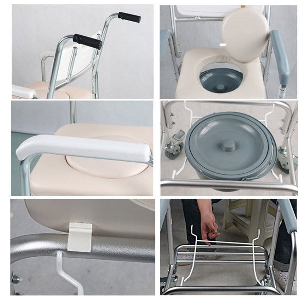 3-In-1 Mobile Rolling Chair Wheelchair Commode Bedside Toilet Shower