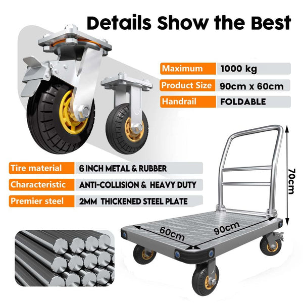 1000Kg Capacity Heavy Duty Foldable Platform Truck Flatbed Push Cart Steel Dolly Trolley Brake Tool & Equipment Trolleys