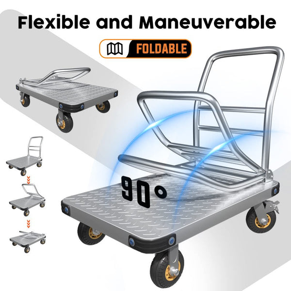 1000Kg Capacity Heavy Duty Foldable Platform Truck Flatbed Push Cart Steel Dolly Trolley Brake Tool & Equipment Trolleys