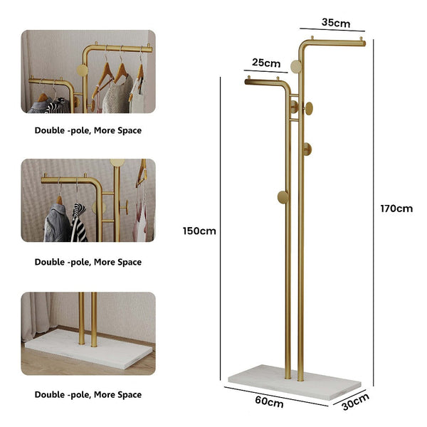 Metal Coat Rack Marble Base Hooks Clothes Coats Bag Tree Hat Display Hanger Stand Organiser 2 Pole Coat & Hat Racks