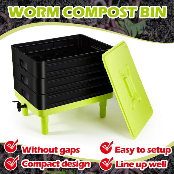 60L Large Worm Farm 3 Trays Composter Bins Composting System Tea Garden Compost Bins