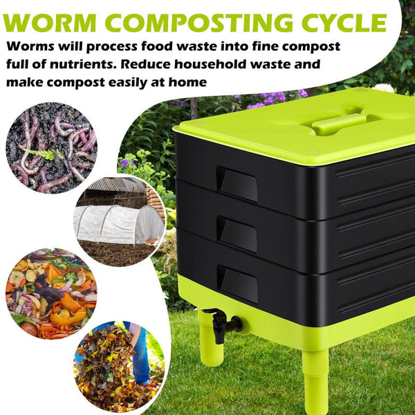 60L Large Worm Farm 3 Trays Composter Bins Composting System Tea Garden Compost Bins