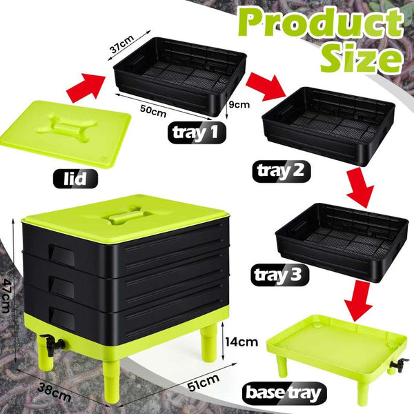 60L Large Worm Farm 3 Trays Composter Bins Composting System Tea Garden Compost Bins