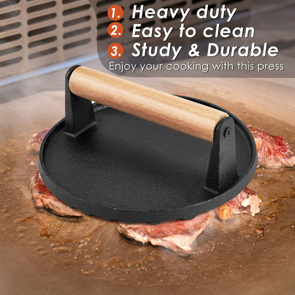 Heavy Duty Round Cast Iron Grill Burger Press Pre Seasoned Steak Griddle Bbq Grilling Burger Presses