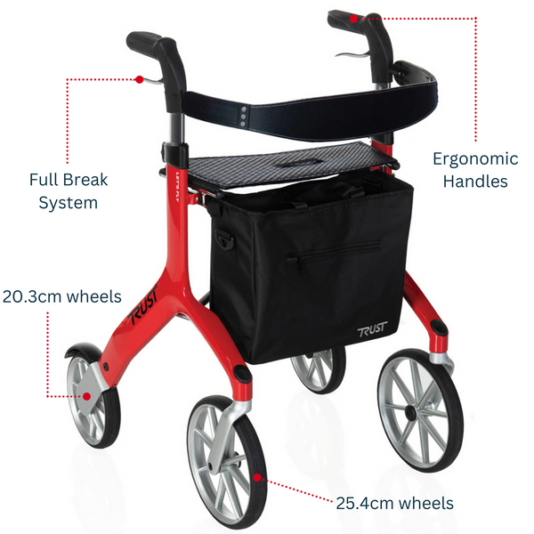 Trust Care Let's Fly Mobility Rollator Wheelie Walker Red Walkers & Canes