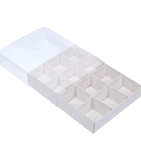 100 Pack Of White Card Chocolate Sweet Soap Product Reatail Gift Box - 12 Bay 4X4x3cm Compartments Clear Slide On Lid 16X12x3cm
