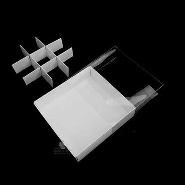 100 Pack Of White Card Chocolate Sweet Soap Product Reatail Gift Box - 9 Bay 4X4x3cm Compartments Clear Slide On Lid 12X12x3cm