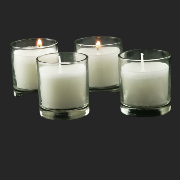My Decorations 25 White Wax Clear Glass Holder Votive Candle Wedding Event Centrepiece Table Candles