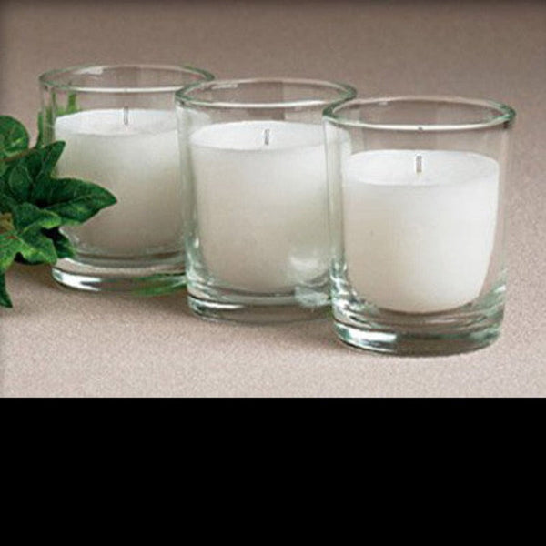My Decorations 25 White Wax Clear Glass Holder Votive Candle Wedding Event Centrepiece Table Candles