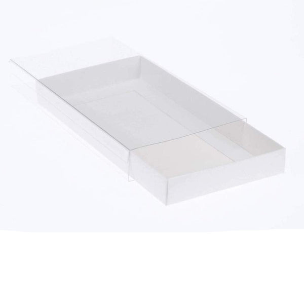 My Decorations 50 Pack Of White Card Box Clear Slide On Lid 25 X 6Cm Large Beauty Product Gift Giving Hamper Tray Merch Fashion Cake Sweets Xmas Gift