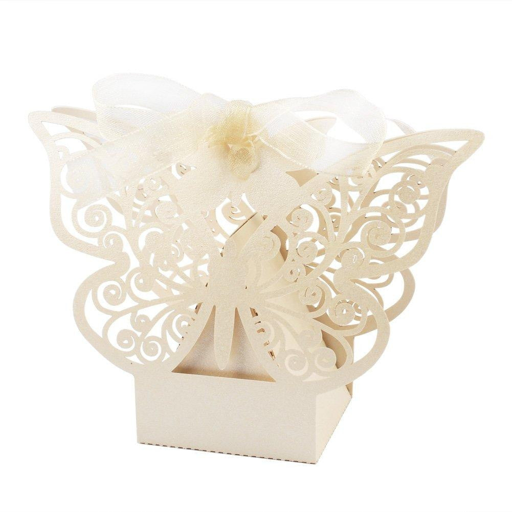 My Decorations 100 Piece Pack Ivory Cream Butterfly Wedding Engagement Party Bomboniere Favour Lolly Gift Almond Card Box Gift Boxes