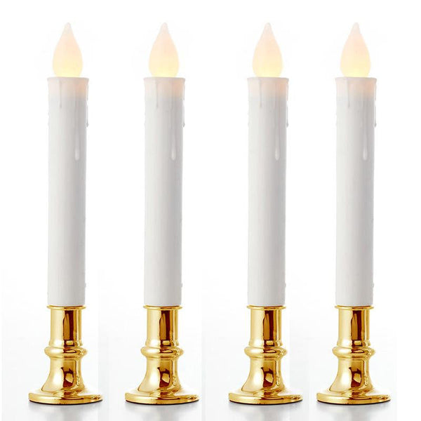 10 Pack Taper Stick White Battery Candle - Natural Flame Light Colour No Flicker Gold Stand Base