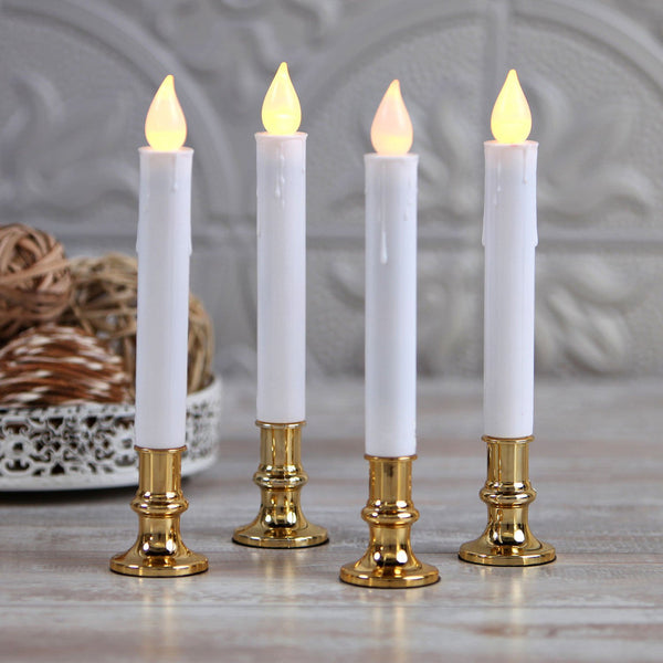 10 Pack Taper Stick White Battery Candle - Natural Flame Light Colour No Flicker Gold Stand Base