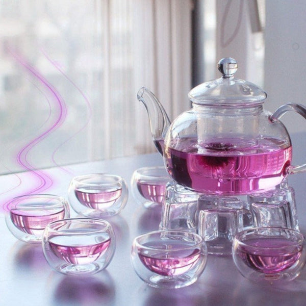 10 Wholesale Sets Of Gongfu Chinese Ceremony Tea - 6 Glass Cups With Infuser And Tealight Candle Pot Warmer
