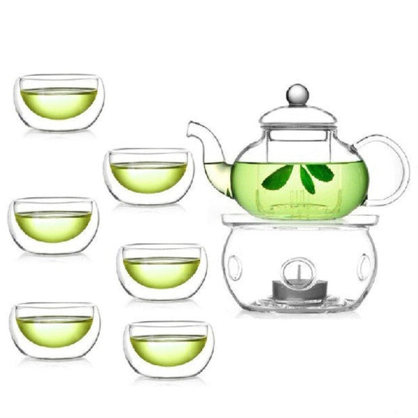 My Decorations 10 Wholesale Sets Of Gongfu Chinese Ceremony Tea 6 Glass Cups With Infuser And Tealight Candle Pot Warmer Teasets