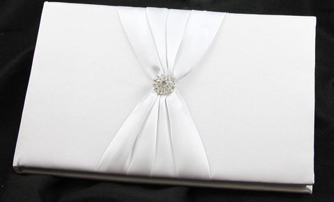 White Wedding Guest Book Register With Silver Pen Matching Stand Set 36 Lined Pages - Sach Diamante Cover