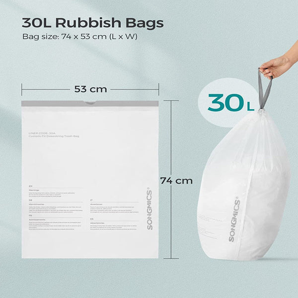 Songmics 2-Roll Drawstring Trash Bags Bundlesuitable For Dual X 30L Rubbish Bin Leakproof, Strong Hdpe, White Garbage Liners
