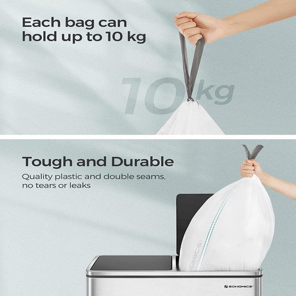 Songmics 2-Roll Drawstring Trash Bags Bundlesuitable For Dual X 30L Rubbish Bin Leakproof, Strong Hdpe, White Garbage Liners