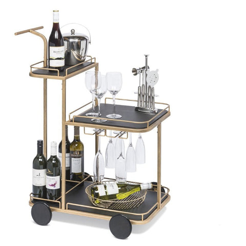 Black And French Brass Wooden 3-Tier Bar Cart Drinks Trolley
