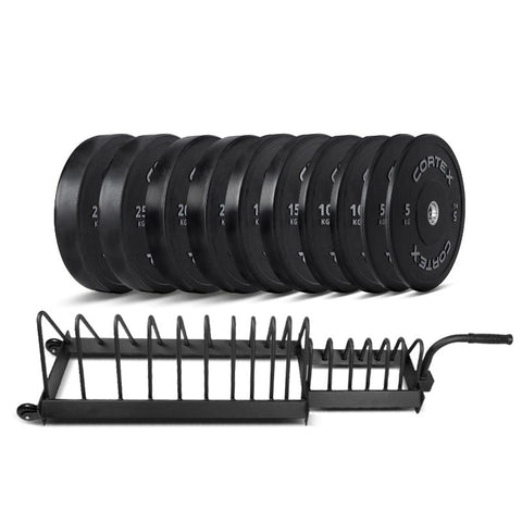 Cortex 150Kg Black Series V2 Rubber Olympic Bumper Plate Set 50Mm With 16 Toaster Rack
