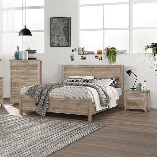 4 Pieces Bedroom Suite Natural Wood Like Mdf Structure Double Size Oak Colour Bedside Table & Tallboy Double Bed Frames