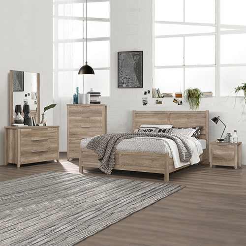5 Pieces Bedroom Suite Natural Wood Like Mdf Structure Queen Size Oak Colour Bedside Table Tallboy & Dresser Queen Bed Frames