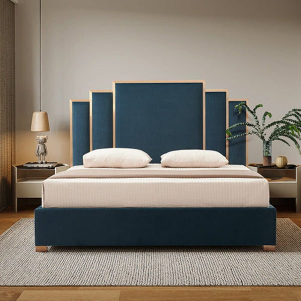 Melbournians Furniture Austin Bed Frame Polyester Turquoise Fabric Padded Upholstery High Quality Slats Polished Stainless Steel Feet Queen Bed Frames