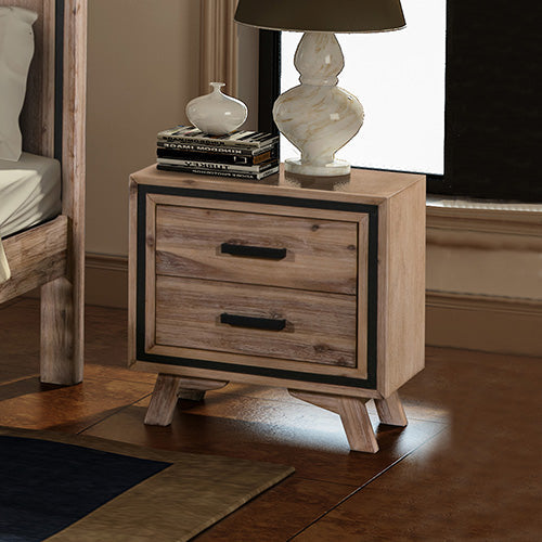 Bedside Table 2 Drawer Night Stand With Solid Acacia Storage In Sliver Brush Colour Bedside Tables