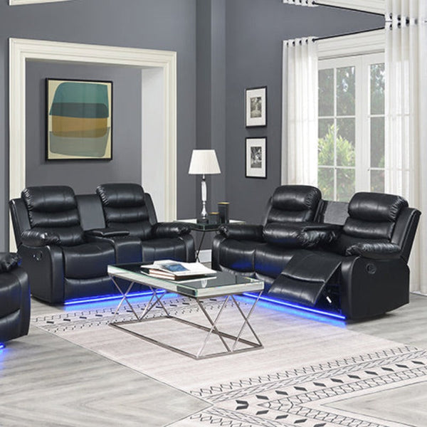 Melbournians Furniture 3 2 Seater Finest Black Leatherette Recliner Feature Console Led Light Ultra Cushioned Sofas Armchairs & Couches