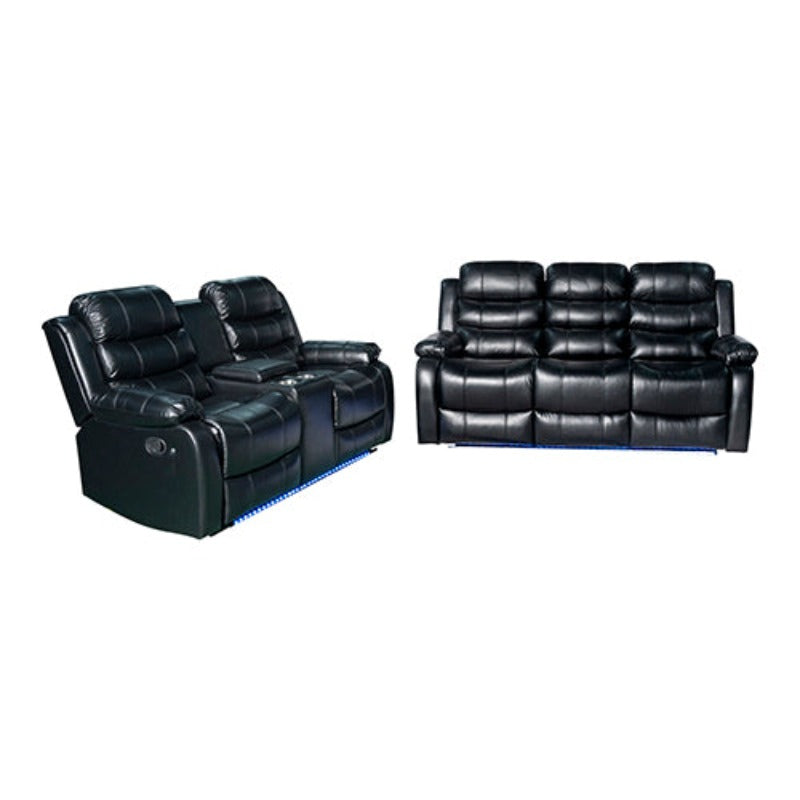 Melbournians Furniture 3 2 Seater Finest Black Leatherette Recliner Feature Console Led Light Ultra Cushioned Sofas Armchairs & Couches