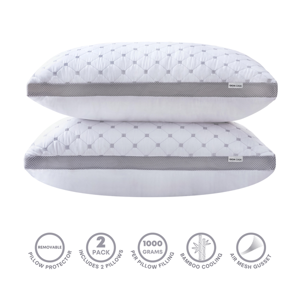 Luxury Bamboo Cooling Twin Pack Plush Down-Like Pillows With 2 Bonus Quilted Waterproof Protectors