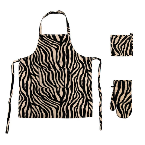 Set Of 3 Cotton Linen Zebra Kitchen Aprons