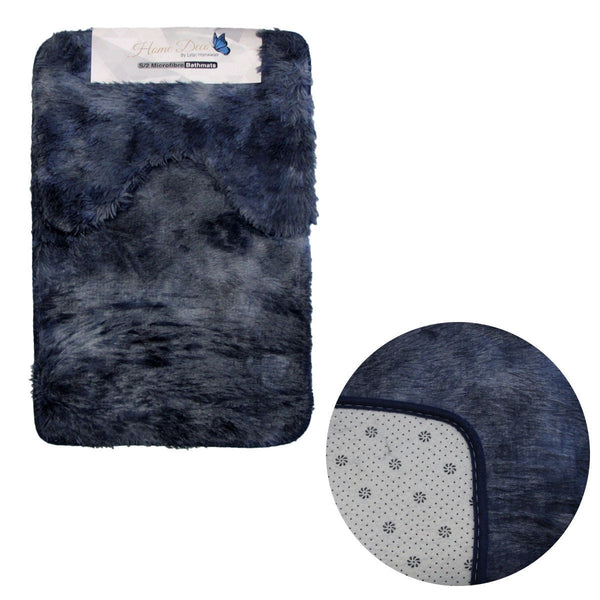 2 Pce 2 Toned Extra Light Weighted Shaggy Fluffy Bath Mat Set Navy Bath Mats Rugs & Toilet Covers
