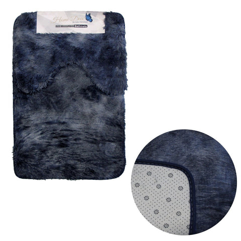 2 Pce 2 Toned Extra Light Weighted Shaggy Fluffy Bath Mat Set Navy Bath Mats Rugs & Toilet Covers