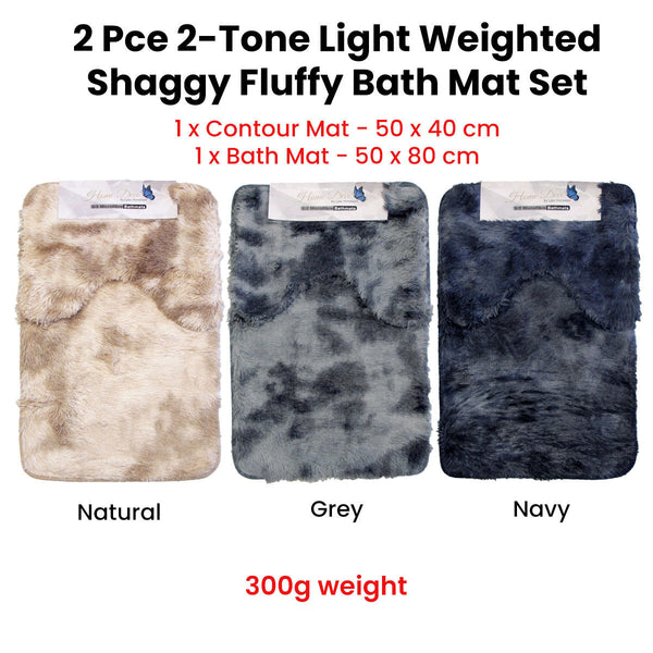 2 Pce 2 Toned Extra Light Weighted Shaggy Fluffy Bath Mat Set Navy Bath Mats Rugs & Toilet Covers