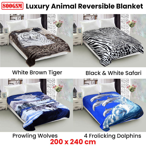 800Gsm Luxury Reversible Animal Mink Blanket Queen 200 X 240 Cm White Brown Tiger