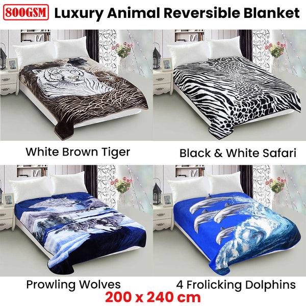 800Gsm Luxury Reversible Animal Mink Blanket Queen 200 X 240 Cm White Brown Tiger Blankets