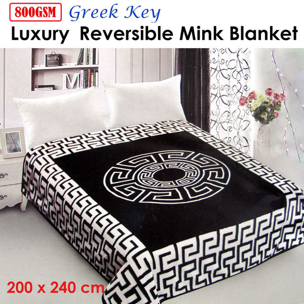 800Gsm Luxury Reversible Mink Blanket Greek Key Black Queen 200 X 240 Cm Blankets