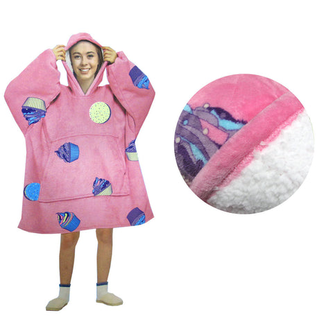Blanket Hoodie With Sherpa Reverse Pink Cupcakes